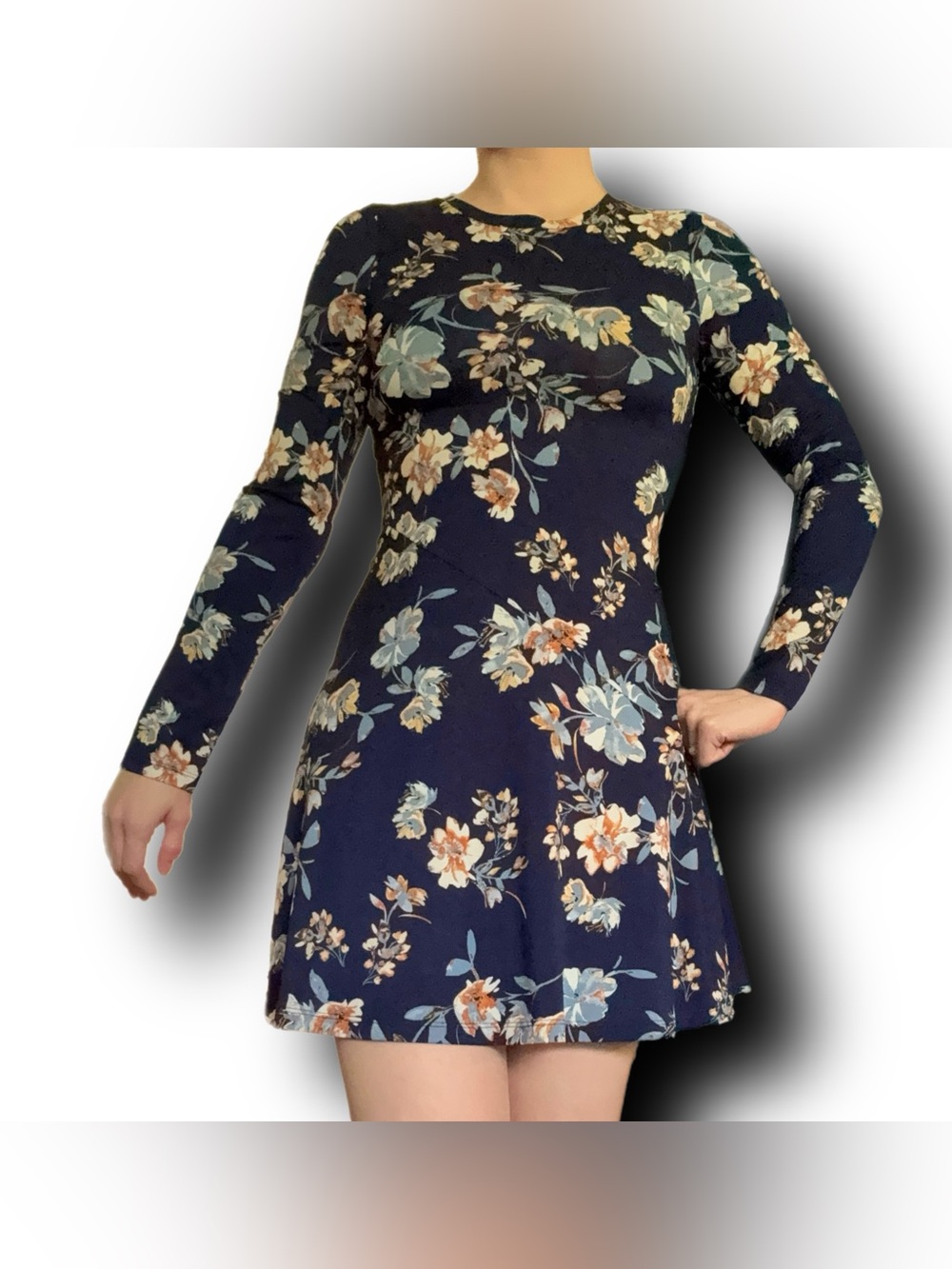 Altar’d State Navy Floral Long-Sleeve Mini Swing Dress